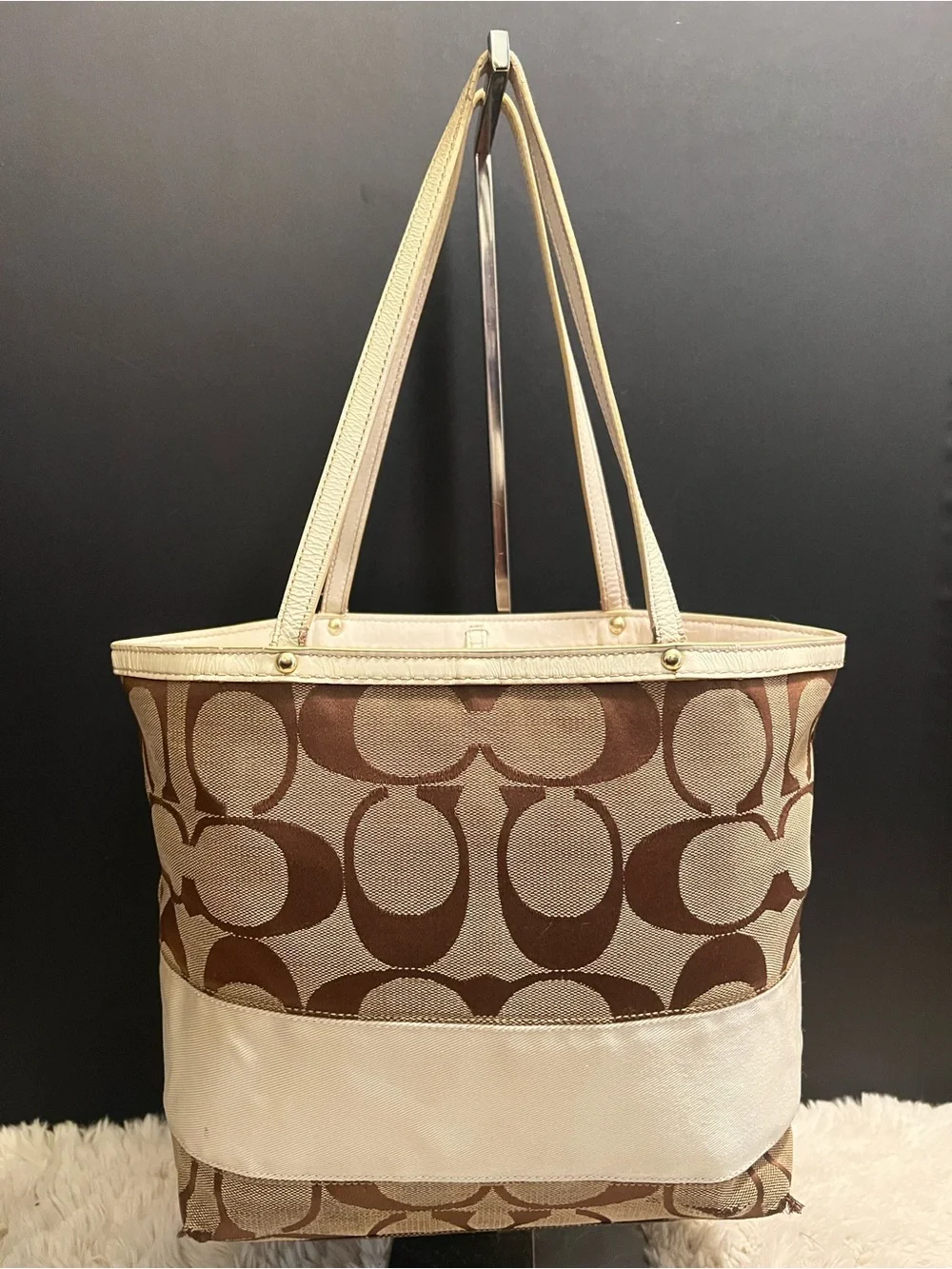 Vintage Coach y2k Two-Tone Signature Stripe Canvas Tote in Brown and Cream